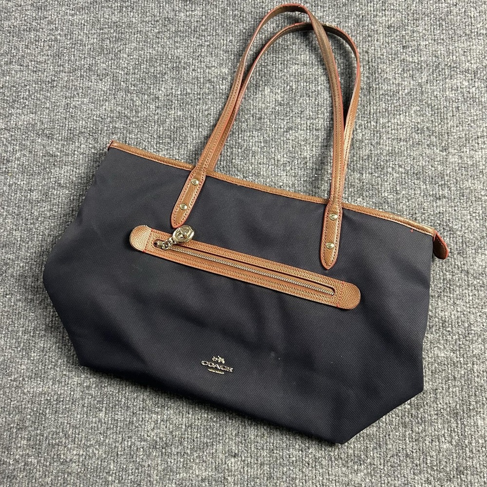 Coach Tote Bag Womens Large Navy Nylon Leather Shoulder Zip Purse Handbag